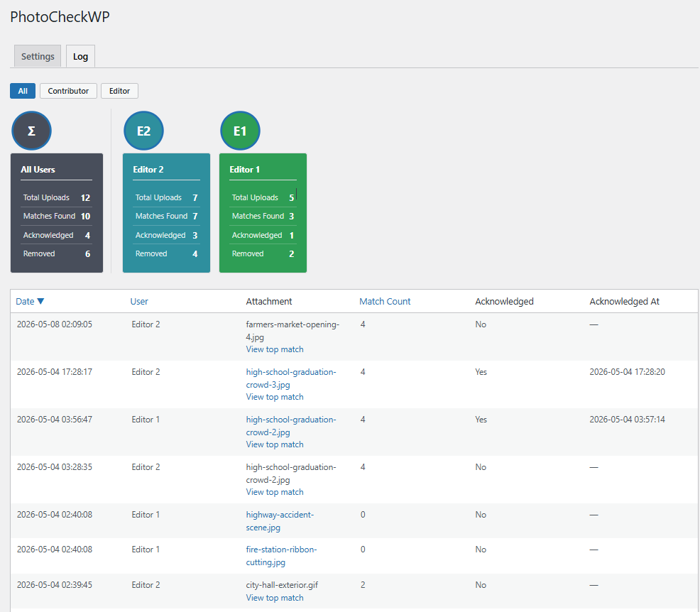 PhotoCheckWP audit log showing upload history, match counts, and editor acknowledgments