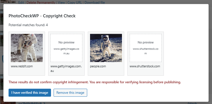 PhotoCheckWP copyright check modal showing potential matches from Getty Images, Shutterstock, and other sources