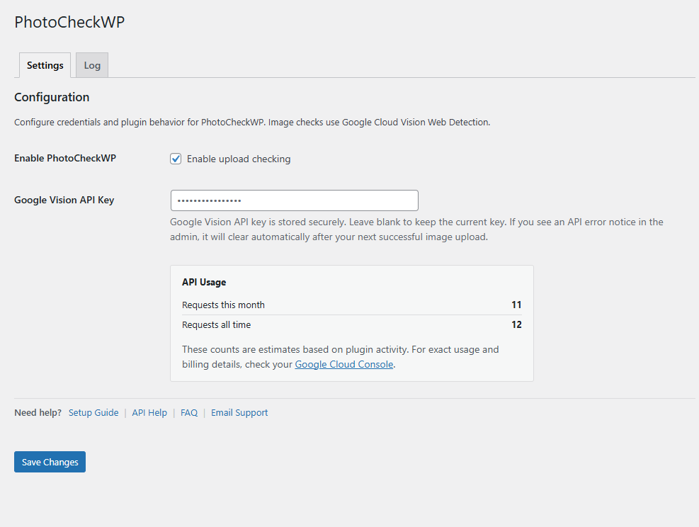 PhotoCheckWP settings page showing API key configuration and usage tracking